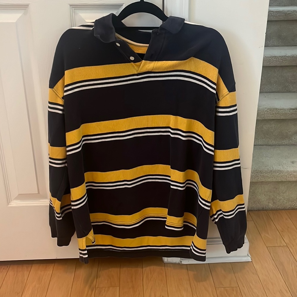 Blue and Yellow Collared Long Sleeve Button Up Polo